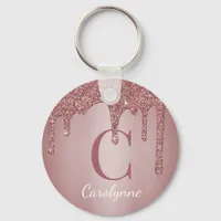 Pink Rose Gold Faux Glitter Drips Monogram Keychain