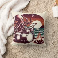 Octopus Playing Drums by Campfire at Sunset Throw Pillow