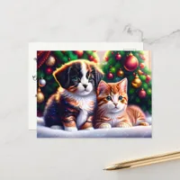 Cute puppy and cat under Christmas tree Holiday Postcard