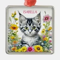 Whimsical Cat and Flowers Personalized Christmas Metal Ornament