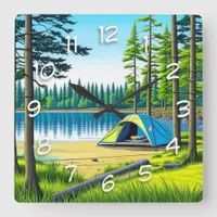 Nature Camping Themed Tent in the Woods Square Wall Clock