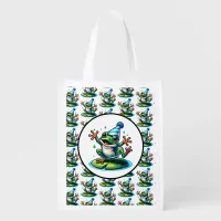 Funny Dancing Frog on a Lily Pad Birthday  Grocery Bag