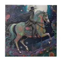 Horse Ride at Midnight on a Full Moon Night Ceramic Tile