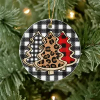 Leopard Print, Buffalo Plaid, Christmas Trees    Ceramic Ornament