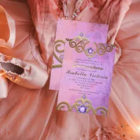 Pink Purple Gold Gitter Jeweled Tiara Quinceañera  Invitation