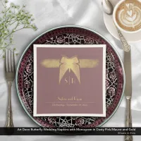 Art Deco Butterfly Monogram Pink and Gold Wedding  Napkins