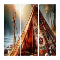 Thumbnail for Tranquil native Indian teepee by a serene river Triptych