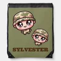 Cute Kawaii Army Camouflage Monogram on Green | Drawstring Bag