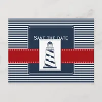 navy stripes,lighthouse, nautical save the date announcement postcard