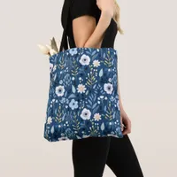 Shade of Blue with White and Yellow Pretty Flowers Tote Bag