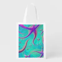 Beachy Themed Teal and Purple Starfish Grocery Bag