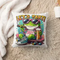 Fun-loving frog skateboarder ready to celebrate throw pillow