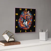 A vibrant electric guitar bursts with energy square wall clock