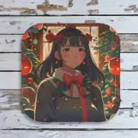 Festive Anime Girl on Christmas Night Paper Plates