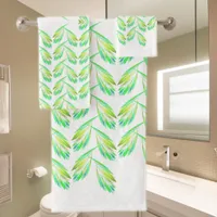 Neon green leaves - fractal art, bath towel set