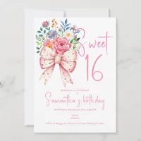 Pink Bow Coquette Modern Floral Sweet 16 Birthday  Invitation