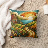 A vibrant sunset over a tranquil countryside throw pillow