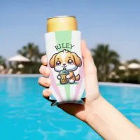 Cute Kawaii Puppy Dog with Bubble Tea Personalized Seltzer Can Cooler