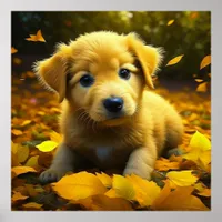 Yellow Labrador Puppy Playing in Fall Leaves Poster