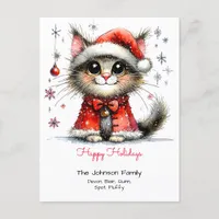 Whimsical Cute Cat in a Santa Hat Happy Holidays Postcard