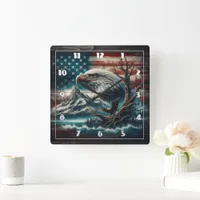 Thumbnail for Bald Eagle Perched by Mountain and American Flag Square Wall Clock