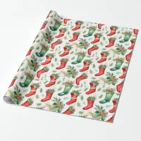 Pretty Watercolor Red and Green Stockings Wrapping Paper