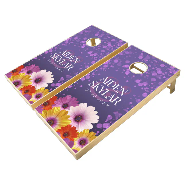 Elegant Daisies with Purple Glitter Wedding Cornhole Set