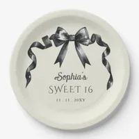 Elegant Watercolor Coquette Black Bow Sweet 16 Paper Plates