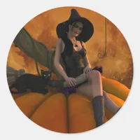 Witch and Cat on Giant Pumpkin  Classic Round Sticker