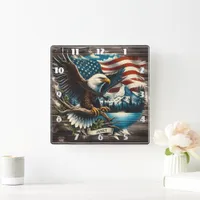 Eagle by American Flag Square Wall Clock