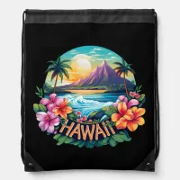 Hawaii Aloha Tropical Beach Mountains Travel Drawstring Bag