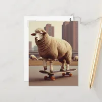 A Skateboarding White Sheep Postcard