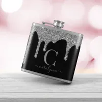 Silver Sparkle Glitter Drips on Black Monogram Flask