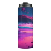 Pink Ocean and Palm Trees Digital Art  Thermal Tumbler