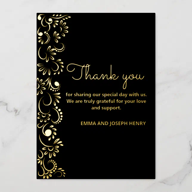 Elegant simple black floral foil thank you card