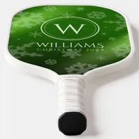 Festive Green Foil Snowflakes Monogram Name Pickleball Paddle