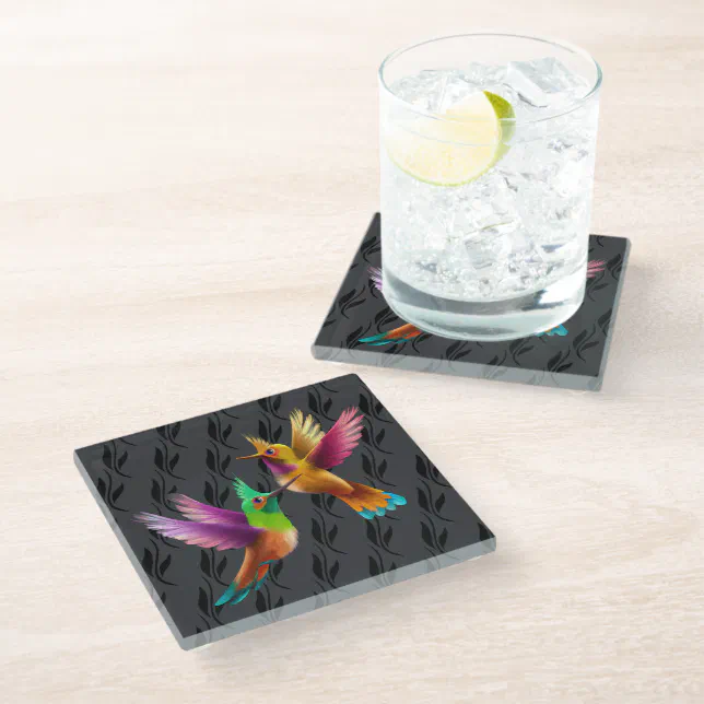 Colorful Crested Hummingbirds in Flight Glass Coaster