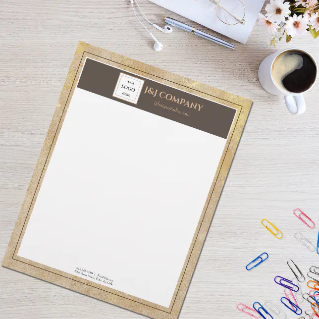 Elegant Gold Texture Brown Frame Logo Letterhead