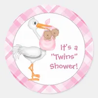 Stork & Twin Girls (dark skin) Baby Shower Classic Round Sticker