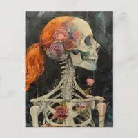 Red Hair Skeleton With Flowers Postcard