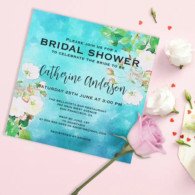 Romantic Watercolor Art White Roses Bridal Shower Invitation