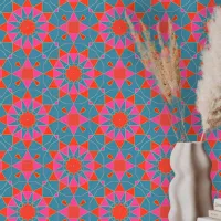 Vibrant Boho Moroccan Geometric Teal Pink Blue Wallpaper