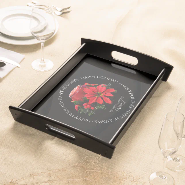 Festive Red Christmas Candle, Holly and Poinsettia Serving Tray