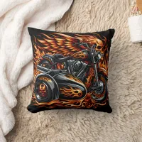 Fiery motorcycle with vibrant flames and sidecar throw pillow