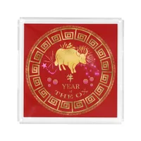 Chinese Zodiac Ox Red/Gold ID542 Acrylic Tray