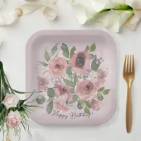 Watercolor Pink flowers on Pink Paper Plates