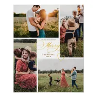 Elegant Merry Gold Christmas Four Photo Collage Poster