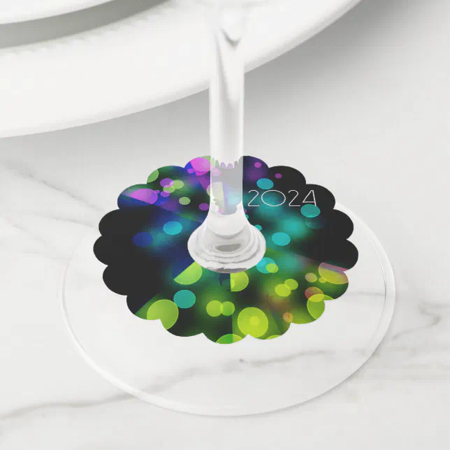 2024 new year with multicolored bubbles wine glass tag