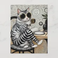 Adorable Striped Cat With Coffee Postcard