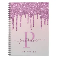 Glam Pink Glitter Drips Elegant Monogram Notebook